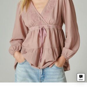 Lucky Brand Twilight Mauve Long Sleeve Wrap Blouse with Tie Front